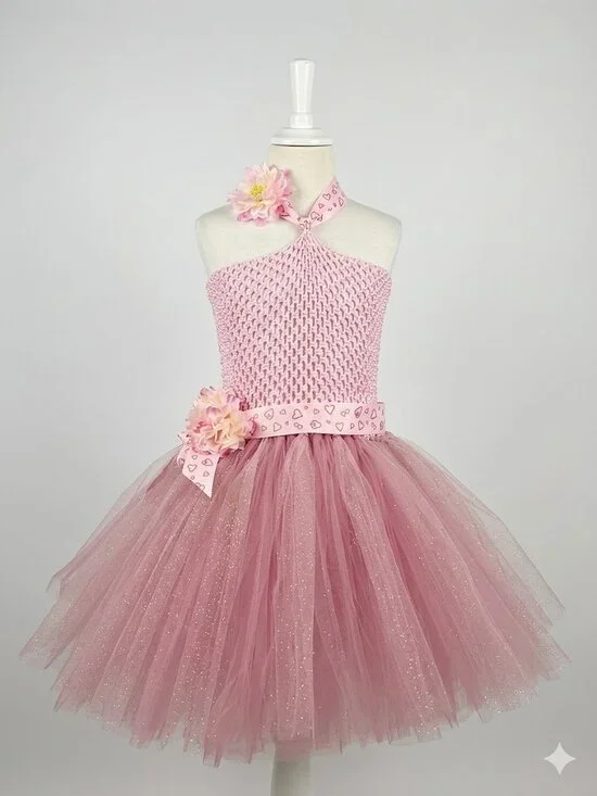 Handmade Pink Tulle Halter Flower Girl Dress - Picture 1 of 6